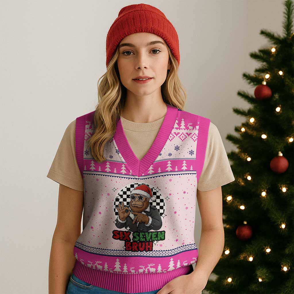 Biker Santa Six Seven Bruh V-Neck Knit Sweater Vest Xmas Gift For Gen Z - Wonder Print Shop