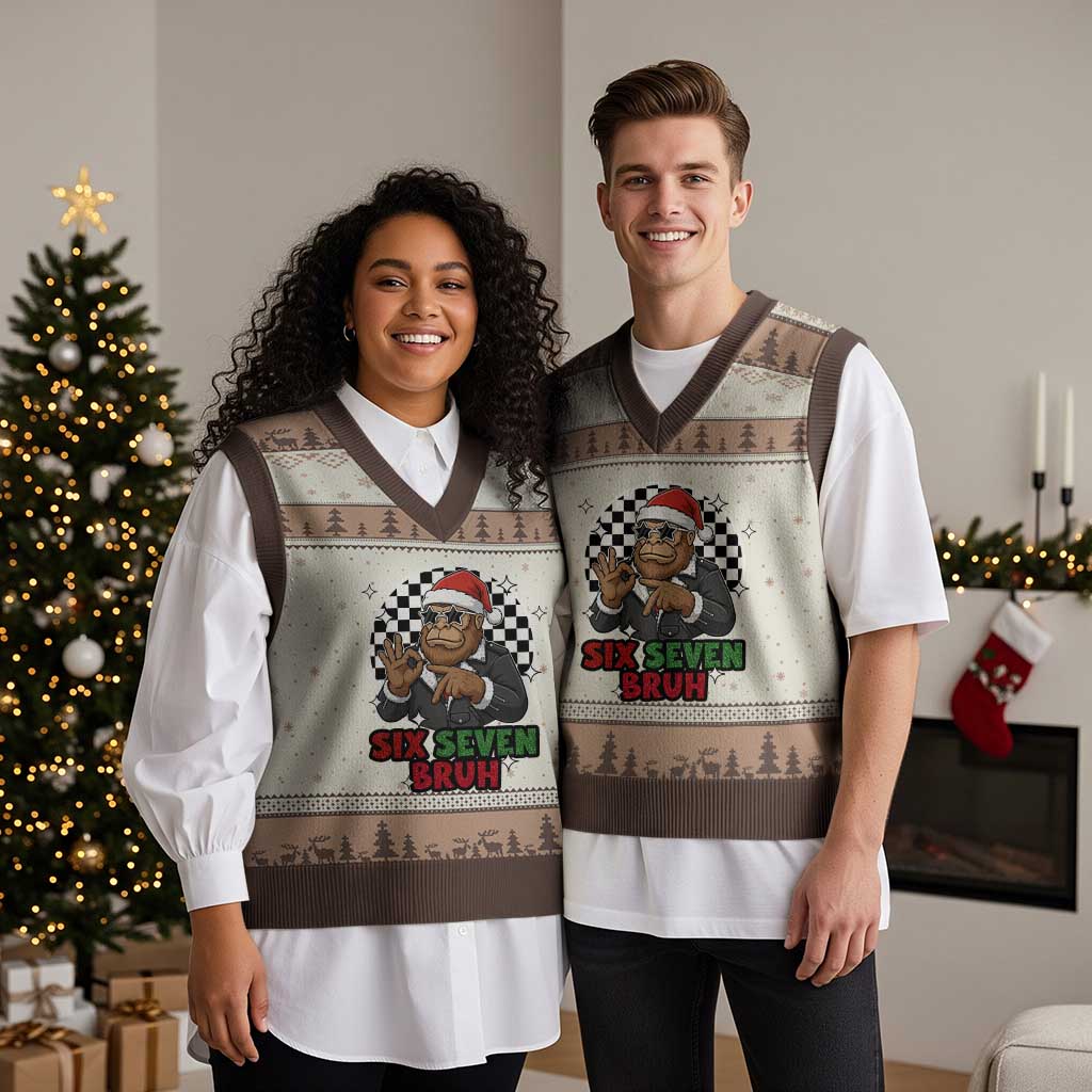 Biker Santa Six Seven Bruh V-Neck Knit Sweater Vest Xmas Gift For Gen Z - Wonder Print Shop
