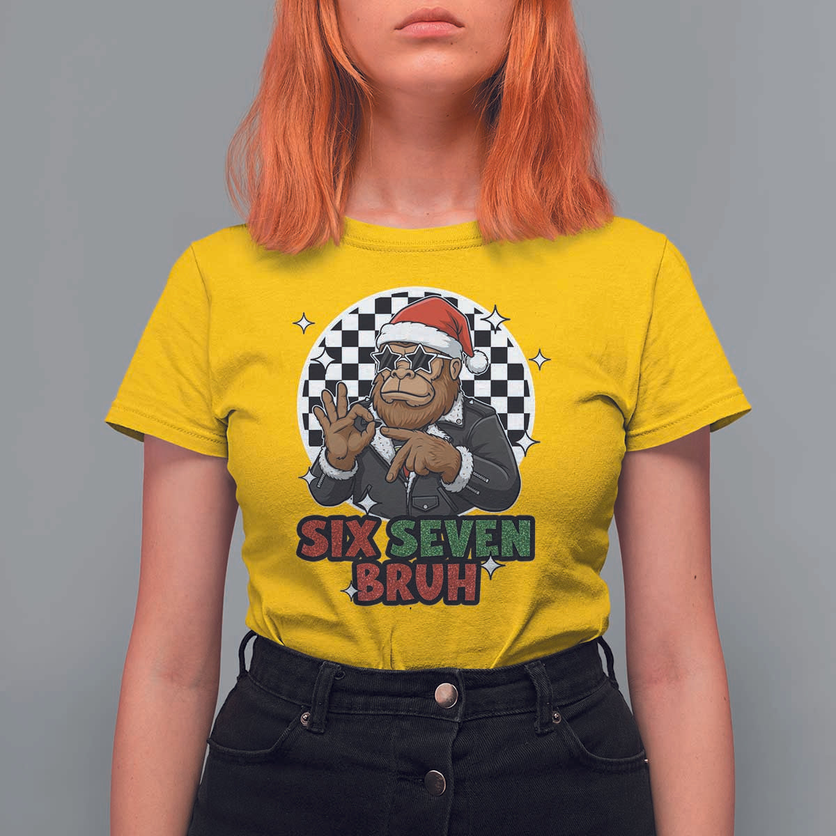 Biker Santa Six Seven Bruh T Shirt For Women Christmas Gift For Gen Z - Wonder Print Shop