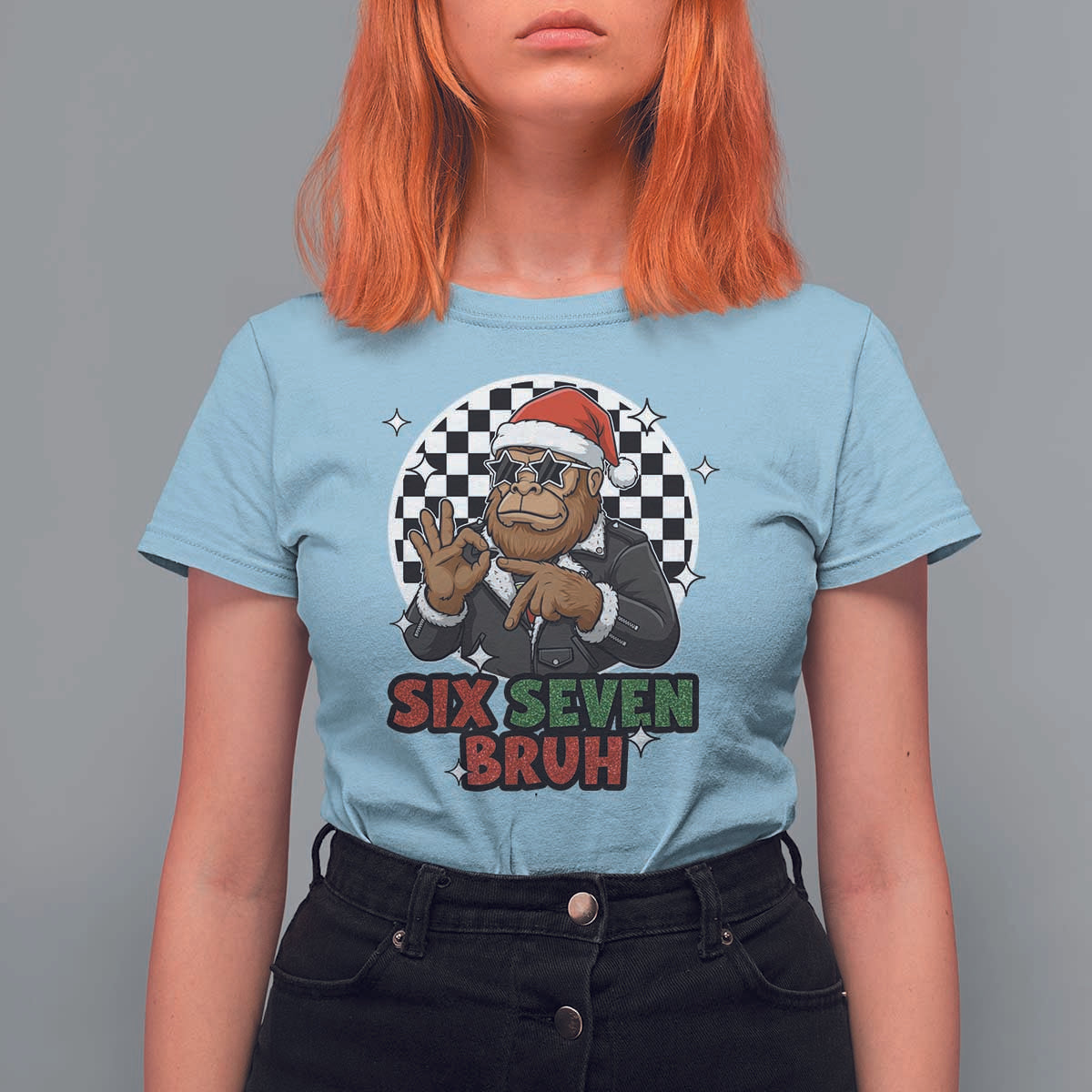 Biker Santa Six Seven Bruh T Shirt For Women Christmas Gift For Gen Z - Wonder Print Shop