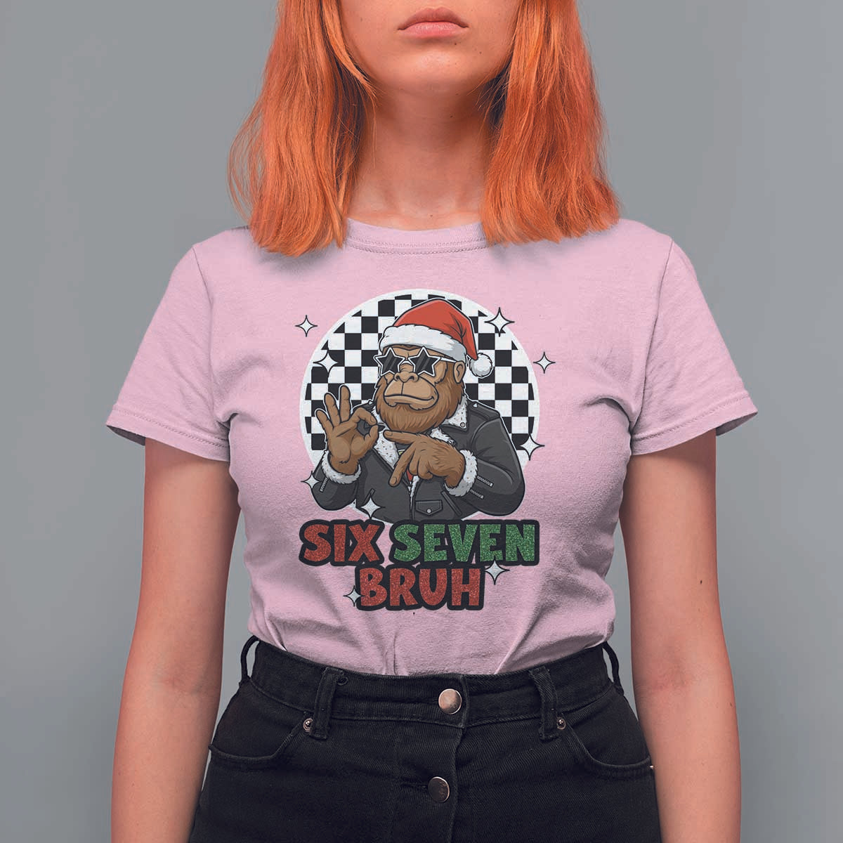 Biker Santa Six Seven Bruh T Shirt For Women Christmas Gift For Gen Z - Wonder Print Shop
