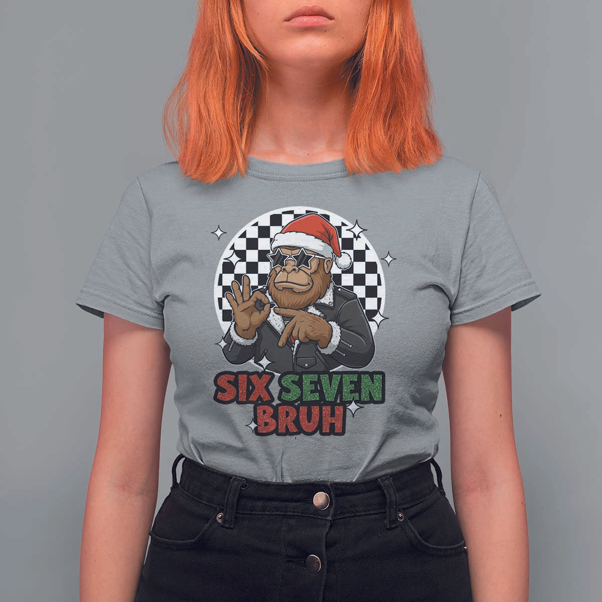 Biker Santa Six Seven Bruh T Shirt For Women Christmas Gift For Gen Z - Wonder Print Shop