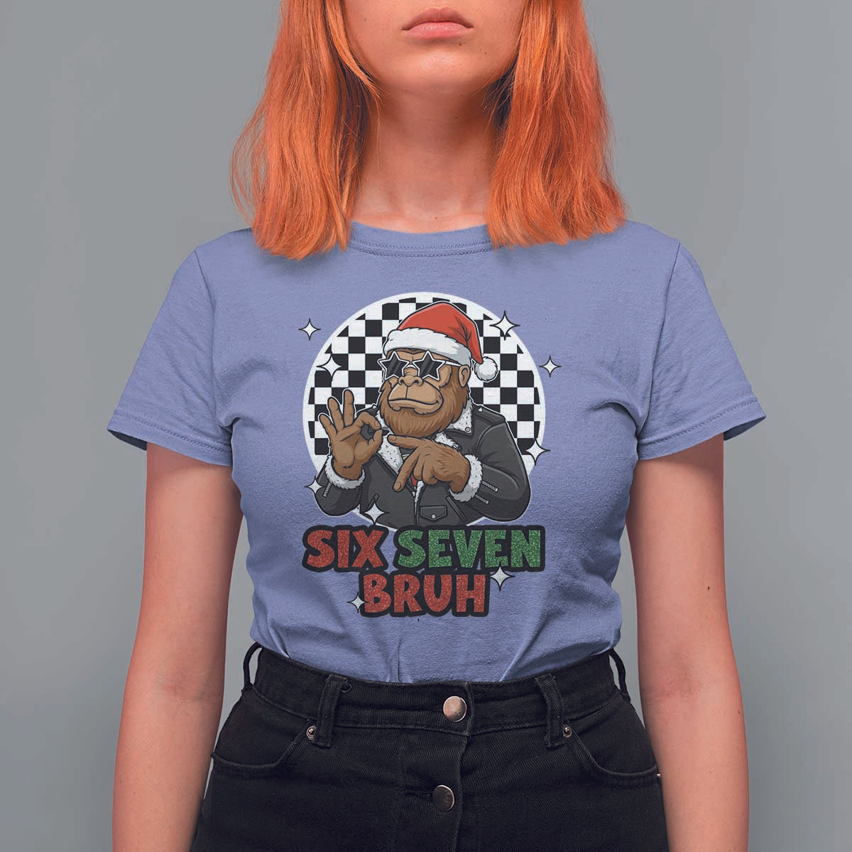 Biker Santa Six Seven Bruh T Shirt For Women Christmas Gift For Gen Z - Wonder Print Shop