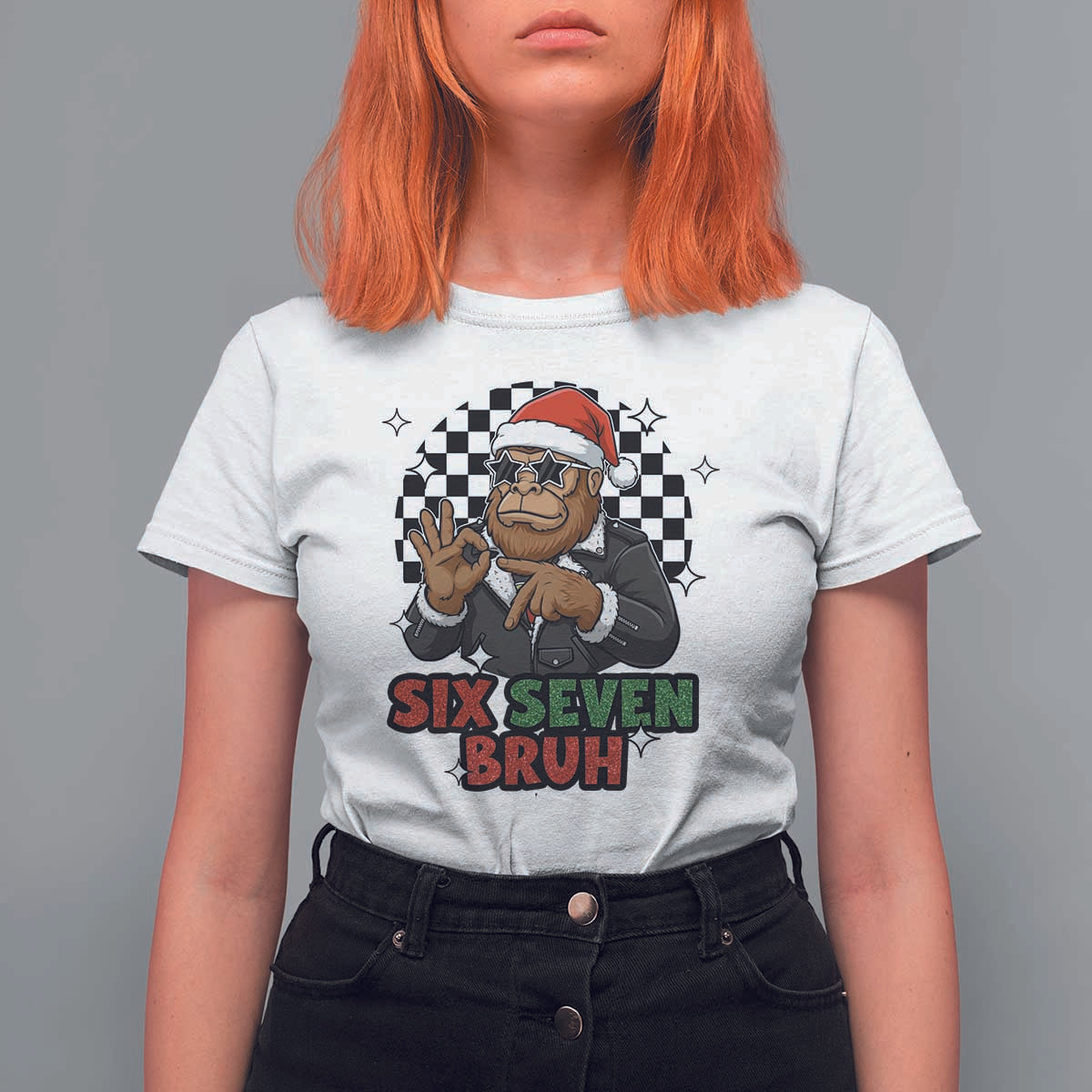 Biker Santa Six Seven Bruh T Shirt For Women Christmas Gift For Gen Z - Wonder Print Shop
