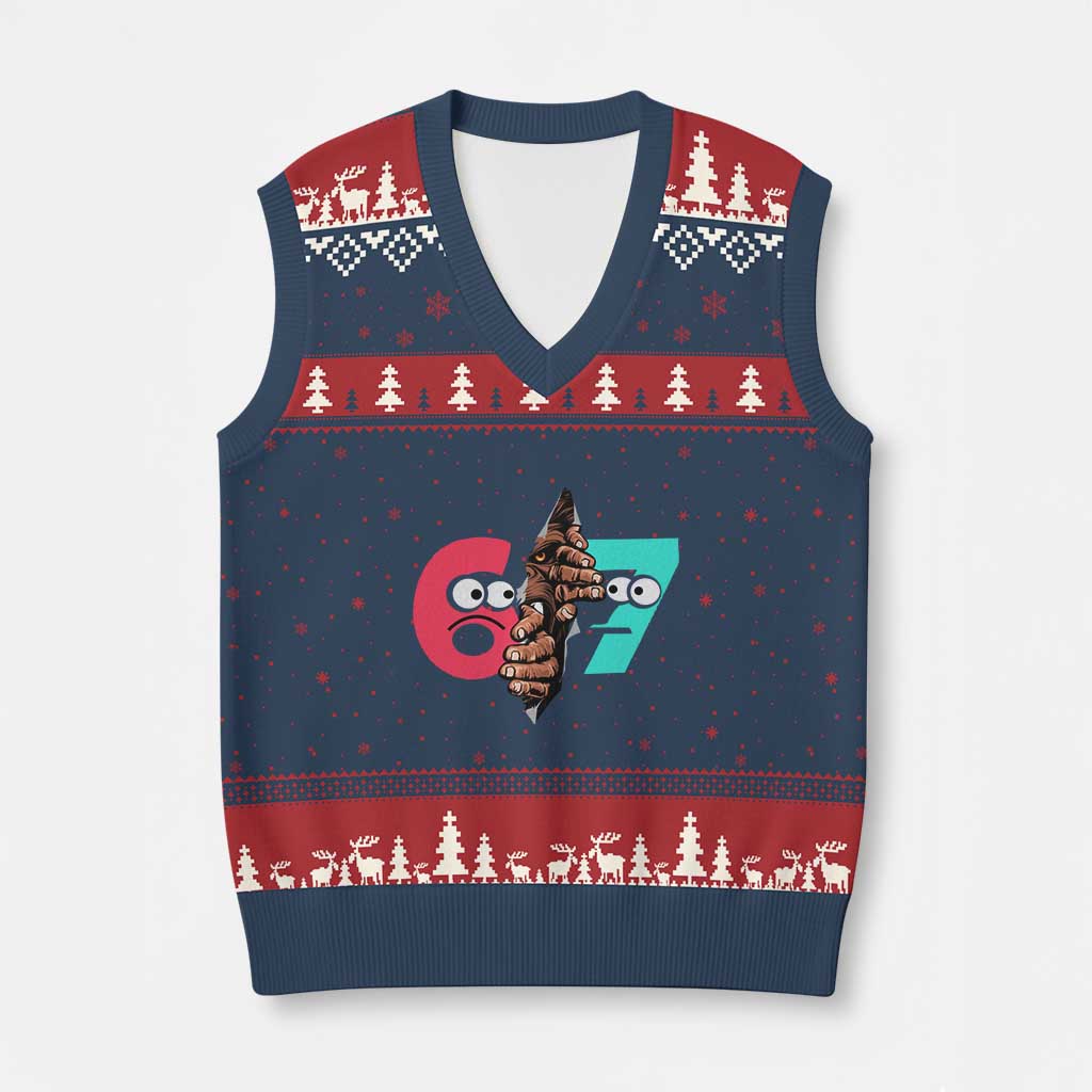Bigfoot Six Seven Meme V-Neck Knit Sweater Vest 67 Viral Gen Alpha Slang Gift - Wonder Print Shop