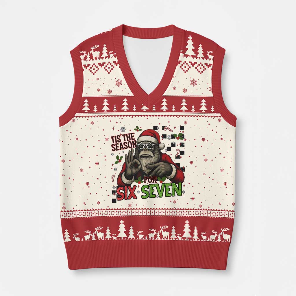 Funny Bigfoot Santa Tis The Season For Six Seven Meme V-Neck Knit Sweater Vest Xmas Gift - Wonder Print Shop