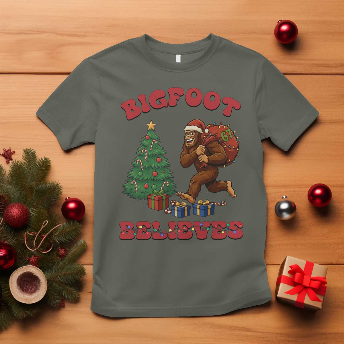 Funny Bigfoot Santa Believes Six Seven Meme T Shirt Trendy Gen Z Xmas Gift - Wonder Print Shop