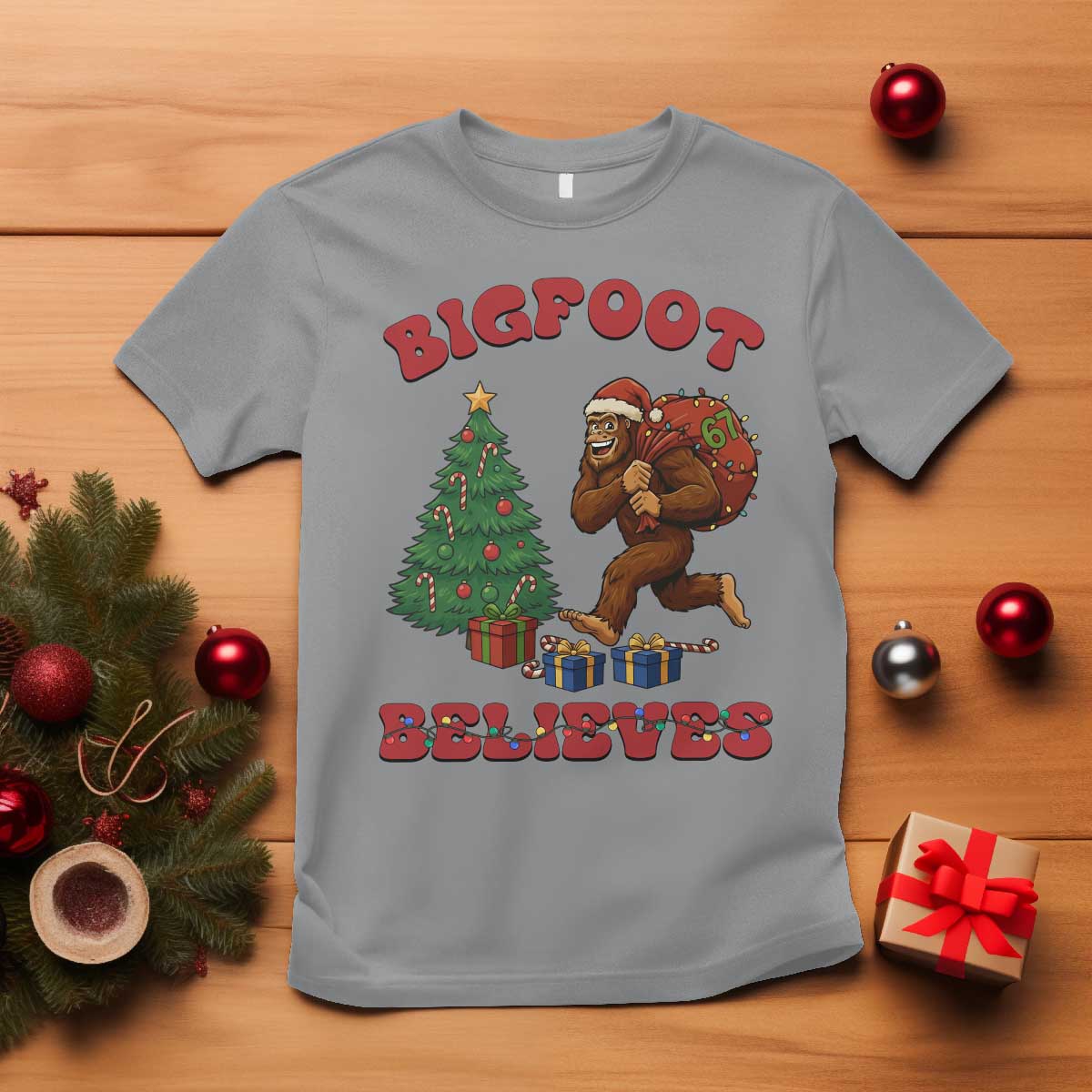 Funny Bigfoot Santa Believes Six Seven Meme T Shirt Trendy Gen Z Xmas Gift - Wonder Print Shop
