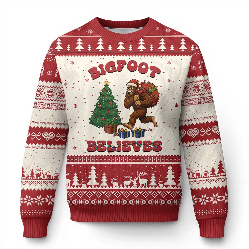 Funny Bigfoot Santa Believes Six Seven Meme Ugly Christmas Sweater Trendy Gen Z Xmas Gift - Wonder Print Shop