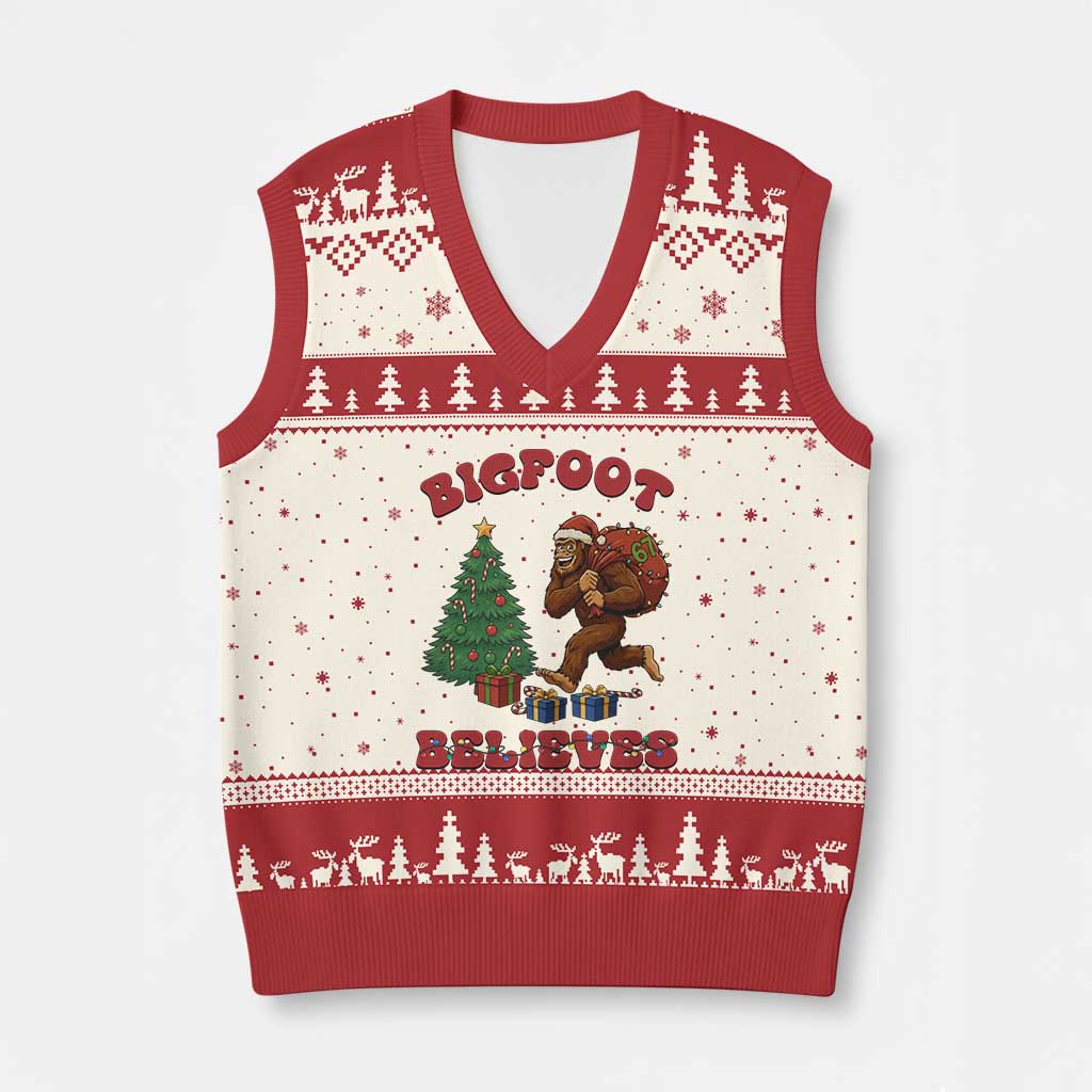 Funny Bigfoot Santa Believes Six Seven Meme V-Neck Knit Sweater Vest Trendy Gen Z Xmas Gift - Wonder Print Shop