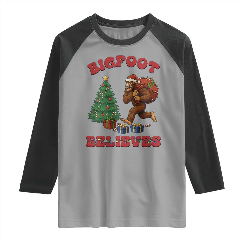 Funny Bigfoot Santa Believes Six Seven Meme Raglan Shirt Trendy Gen Z Xmas Gift - Wonder Print Shop