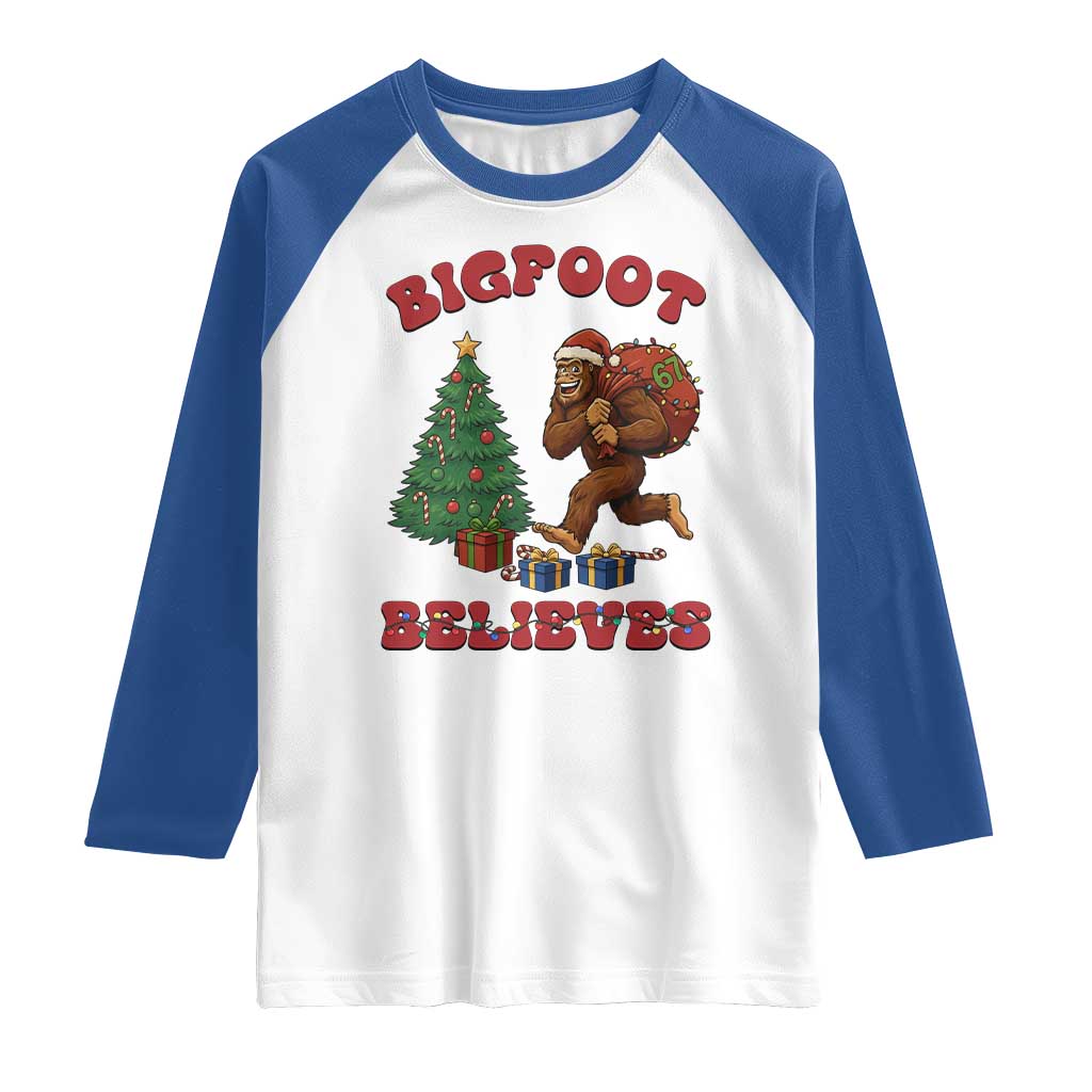 Funny Bigfoot Santa Believes Six Seven Meme Raglan Shirt Trendy Gen Z Xmas Gift - Wonder Print Shop
