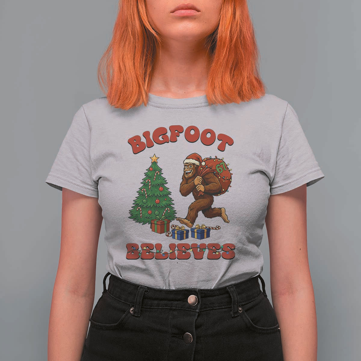 Funny Bigfoot Santa Believes Six Seven Meme T Shirt For Women Trendy Gen Z Xmas Gift - Wonder Print Shop