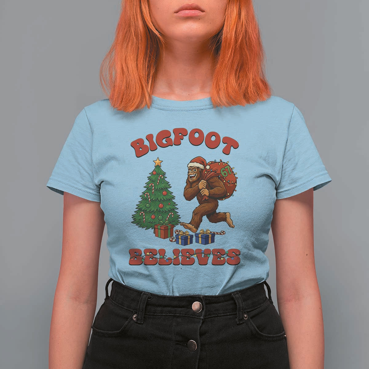 Funny Bigfoot Santa Believes Six Seven Meme T Shirt For Women Trendy Gen Z Xmas Gift - Wonder Print Shop