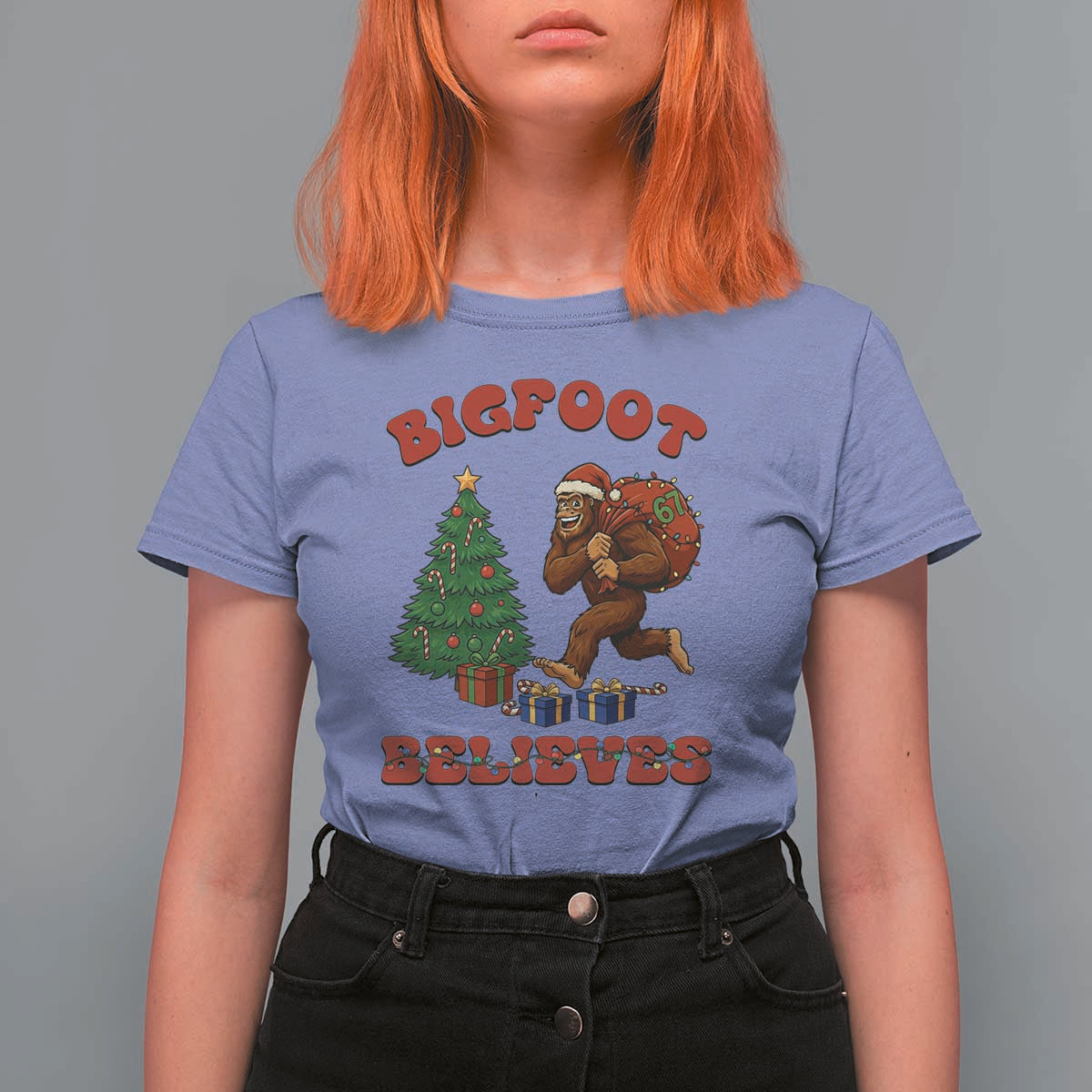 Funny Bigfoot Santa Believes Six Seven Meme T Shirt For Women Trendy Gen Z Xmas Gift - Wonder Print Shop