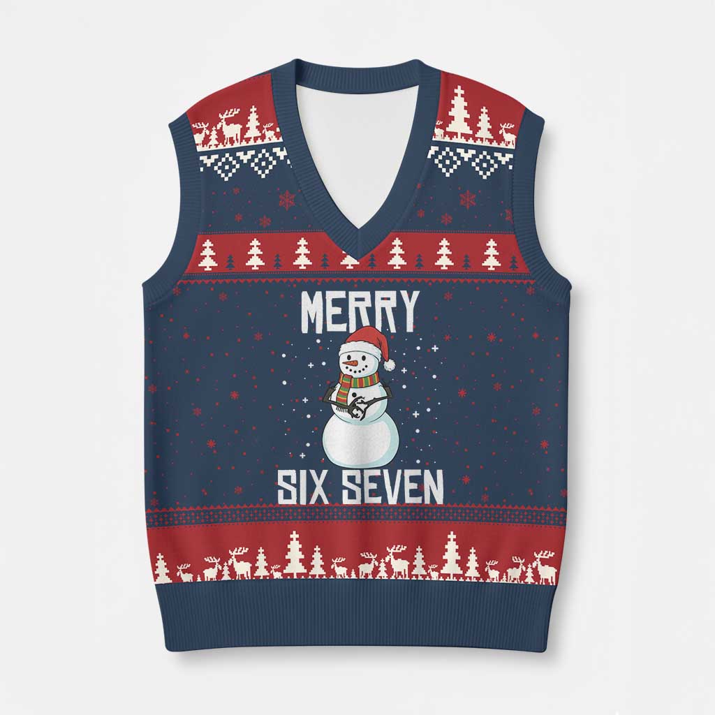 Funny Snowman Merry Six Seven Meme V-Neck Knit Sweater Vest Xmas Trending 67 Gift - Wonder Print Shop