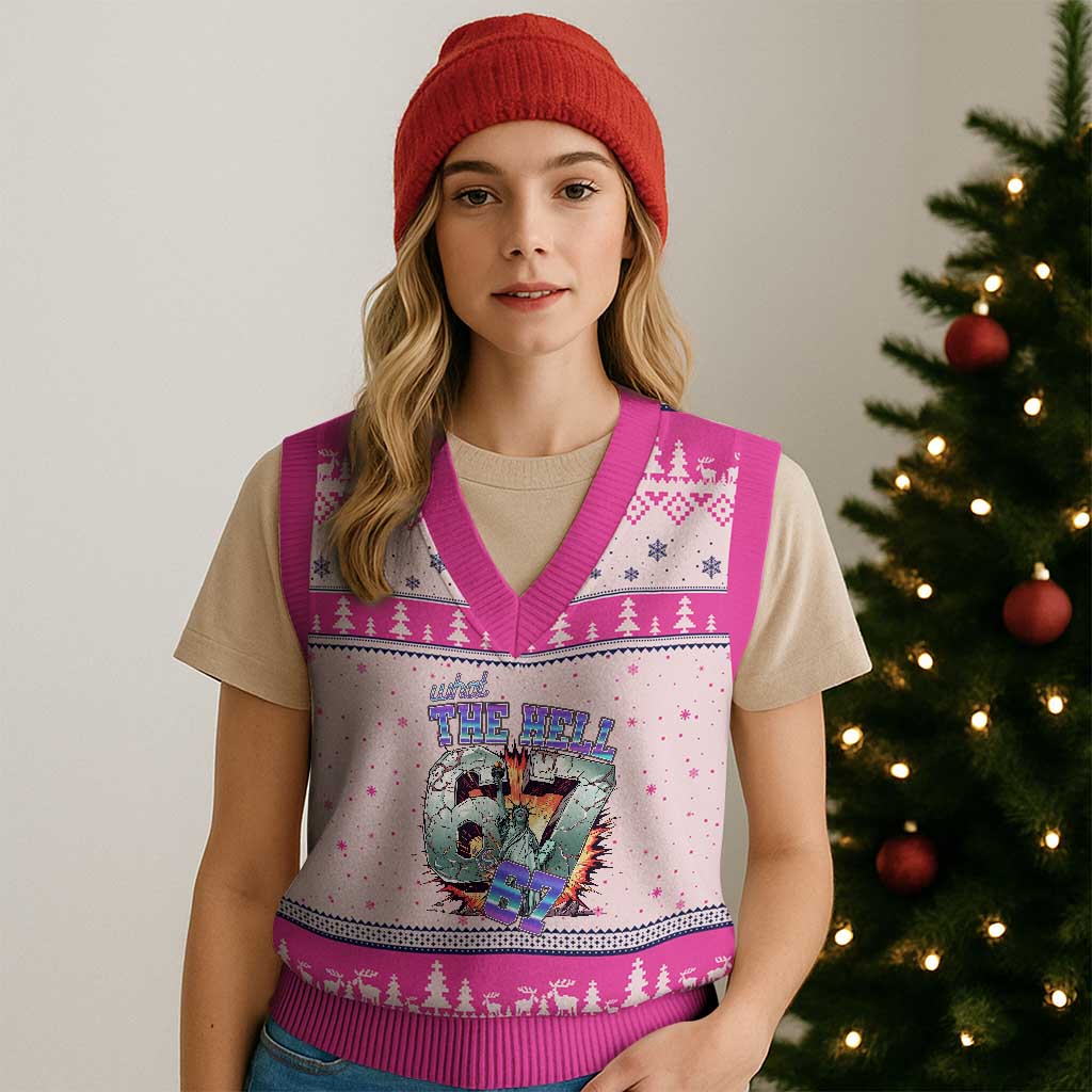Funny Statue Of Liberty Six Seven Meme V-Neck Knit Sweater Vest What The Hell Is 67 Gift - Wonder Print Shop