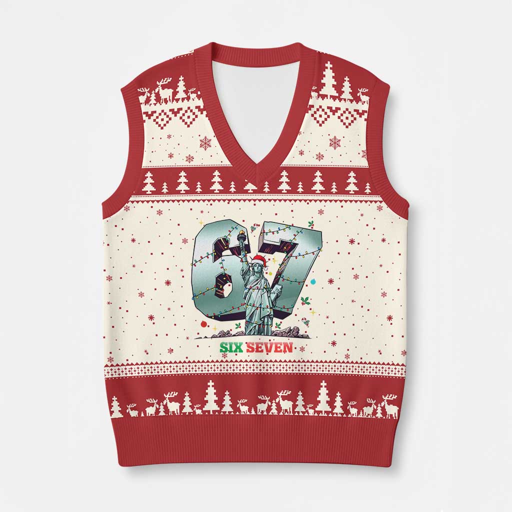 Statue Of Liberty Six Seven Meme V-Neck Knit Sweater Vest Trendy Gen Z Xmas Gift - Wonder Print Shop