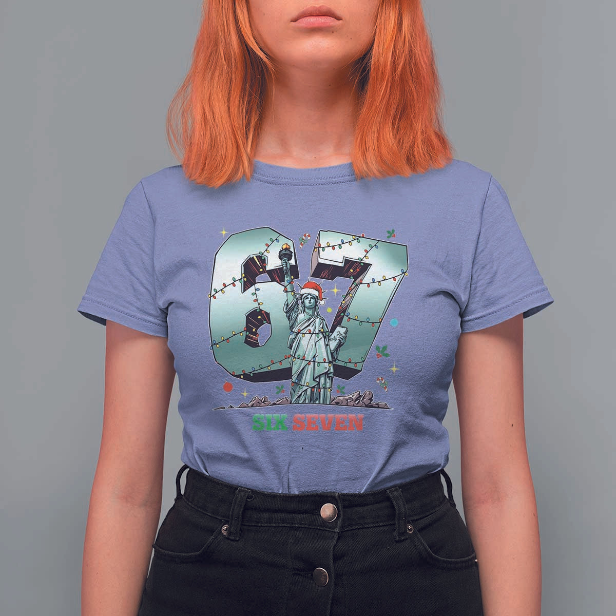 Statue Of Liberty Six Seven Meme T Shirt For Women Trendy Gen Z Christmas Gift - Wonder Print Shop