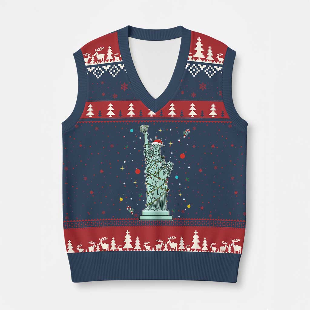 Statue Of Liberty Six Seven Meme V-Neck Knit Sweater Vest Gen Alpha 67 Trend Xmas Gift - Wonder Print Shop