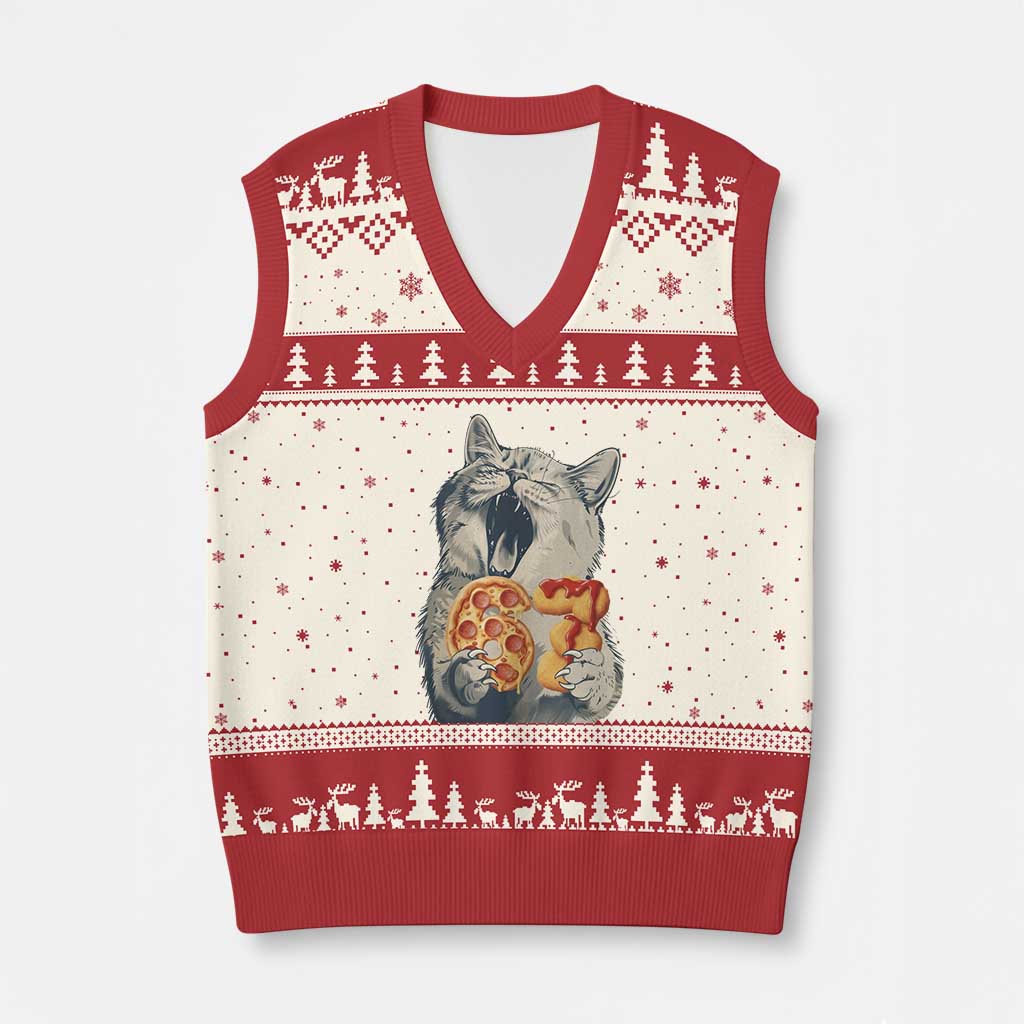 Six Seven Meme Cat 67 Pizza Nugget V-Neck Knit Sweater Vest Funny Gen Alpha 67 Trend Gift - Wonder Print Shop