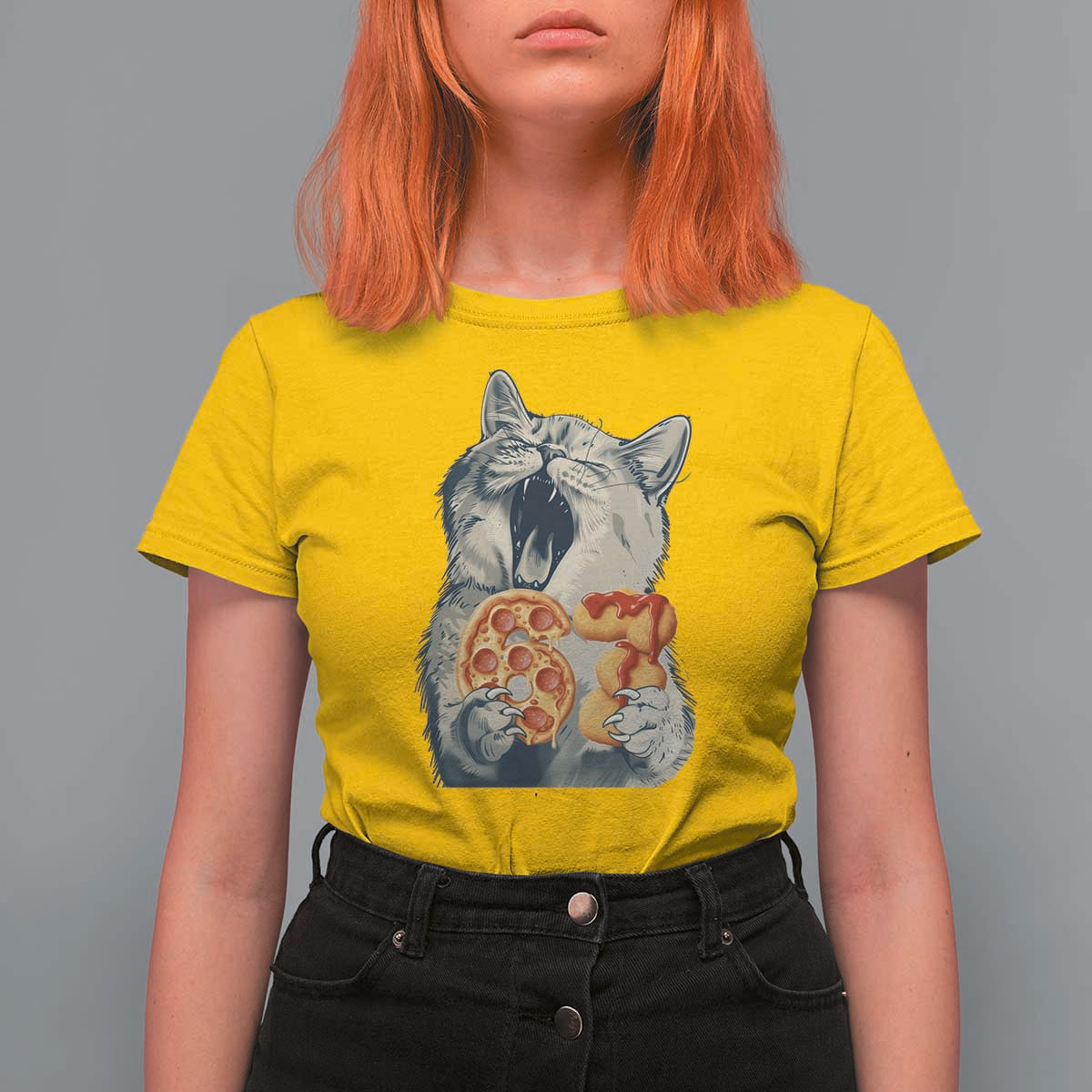 Six Seven Meme Cat 67 Pizza Nugget T Shirt For Women Funny Gen Alpha 67 Trend Gift - Wonder Print Shop