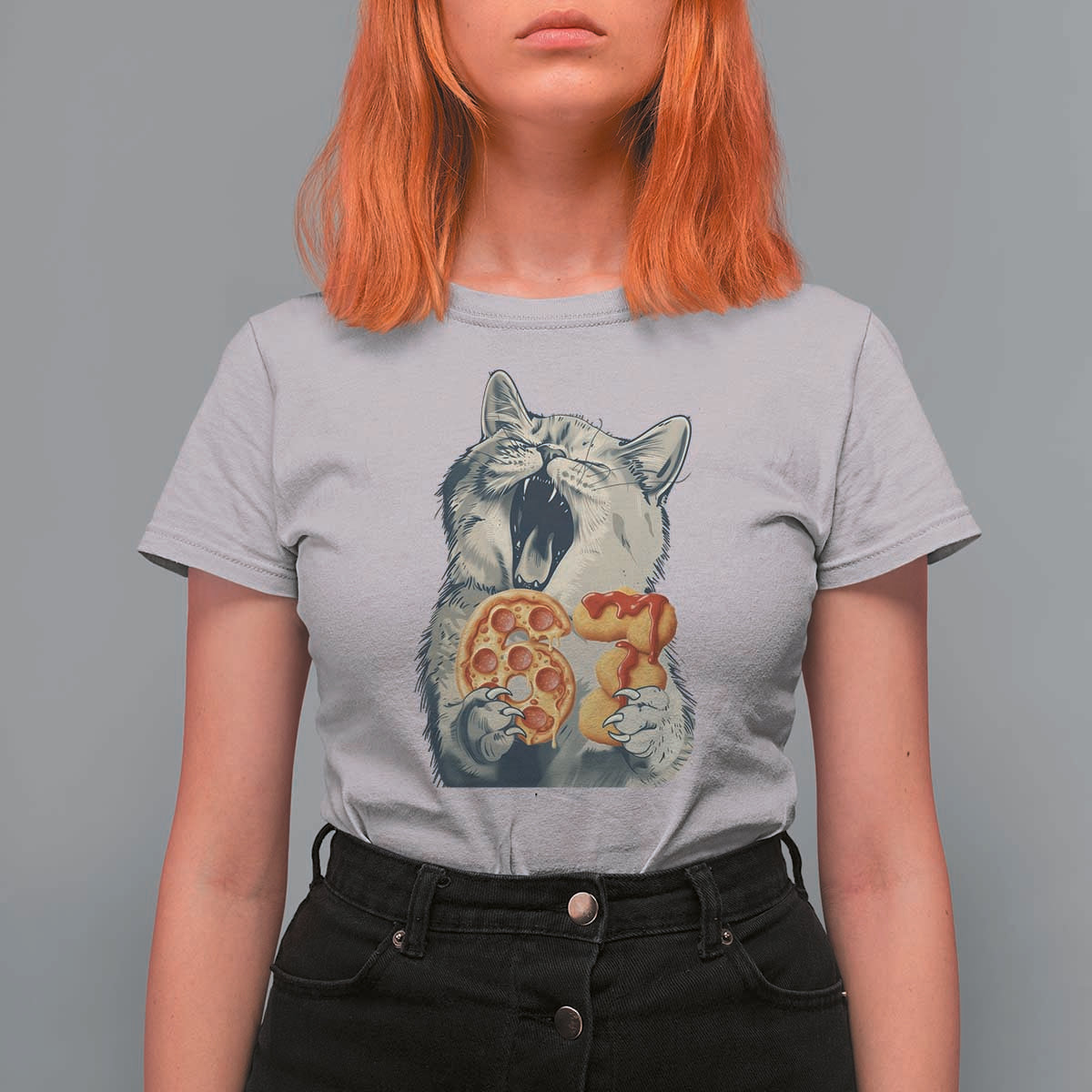 Six Seven Meme Cat 67 Pizza Nugget T Shirt For Women Funny Gen Alpha 67 Trend Gift - Wonder Print Shop