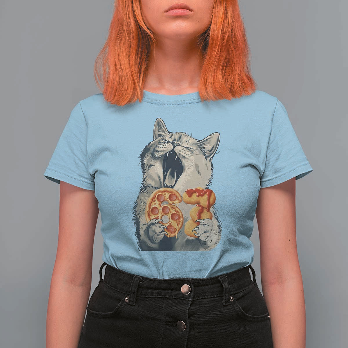 Six Seven Meme Cat 67 Pizza Nugget T Shirt For Women Funny Gen Alpha 67 Trend Gift - Wonder Print Shop