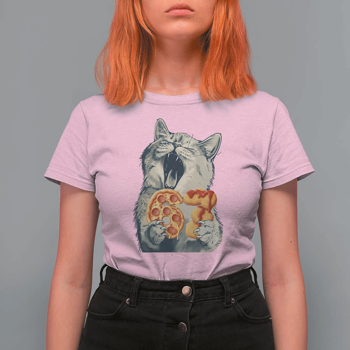 Six Seven Meme Cat 67 Pizza Nugget T Shirt For Women Funny Gen Alpha 67 Trend Gift - Wonder Print Shop