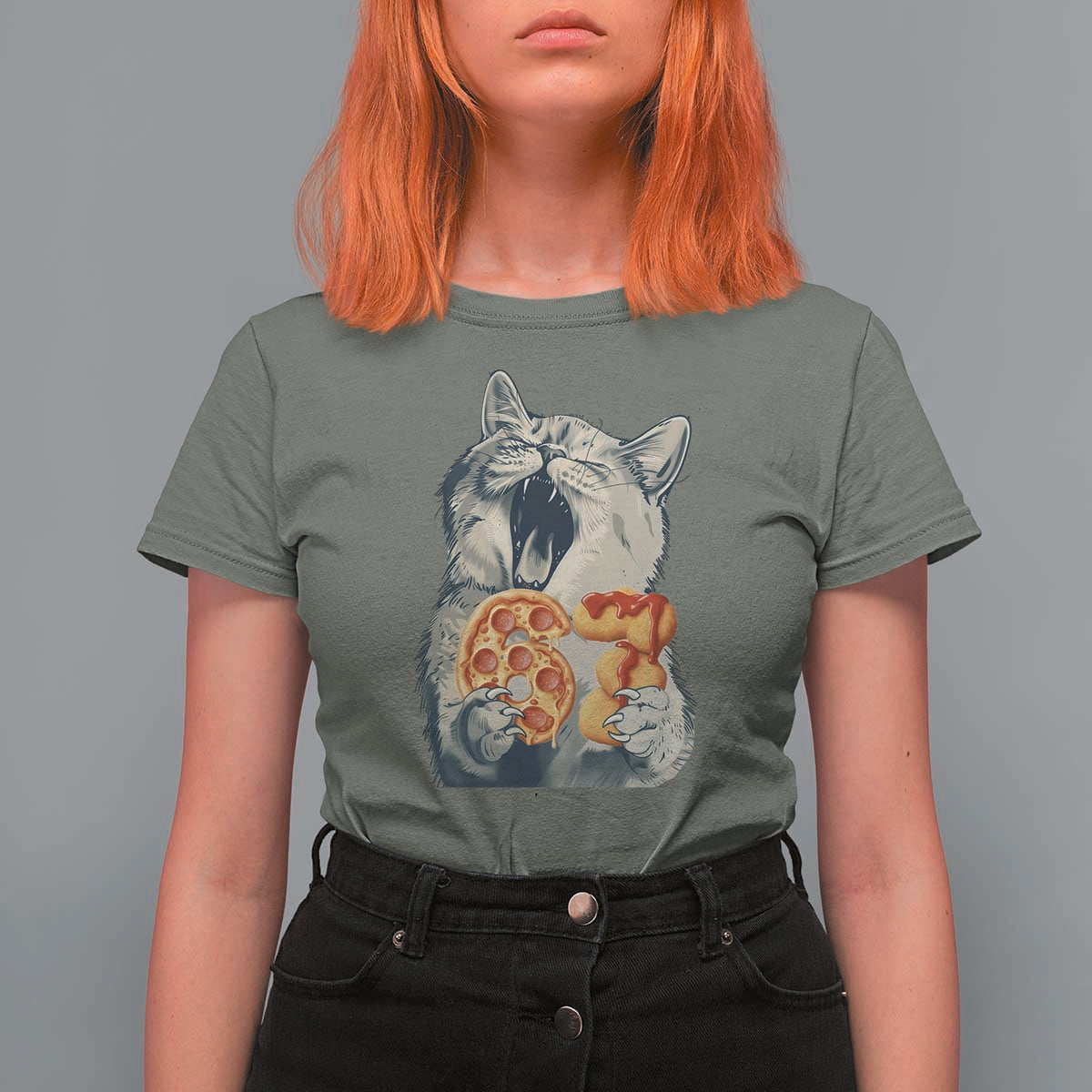 Six Seven Meme Cat 67 Pizza Nugget T Shirt For Women Funny Gen Alpha 67 Trend Gift - Wonder Print Shop