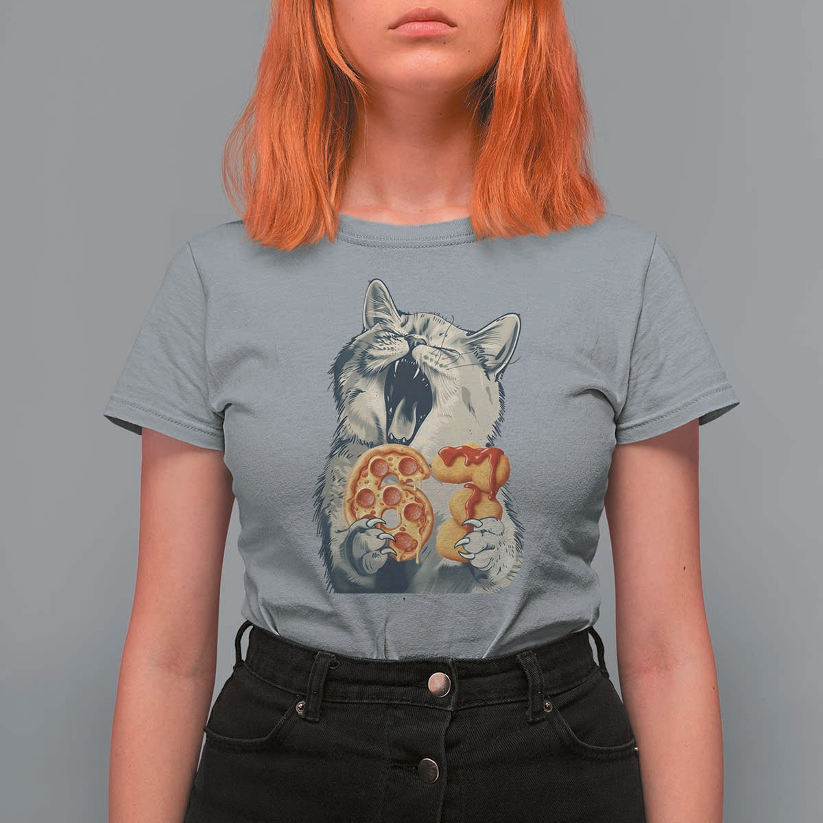 Six Seven Meme Cat 67 Pizza Nugget T Shirt For Women Funny Gen Alpha 67 Trend Gift - Wonder Print Shop