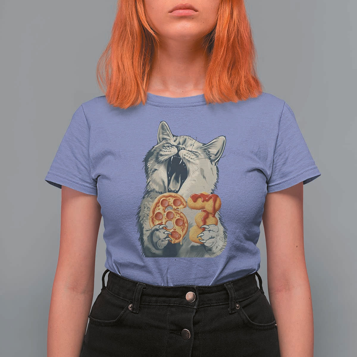 Six Seven Meme Cat 67 Pizza Nugget T Shirt For Women Funny Gen Alpha 67 Trend Gift - Wonder Print Shop