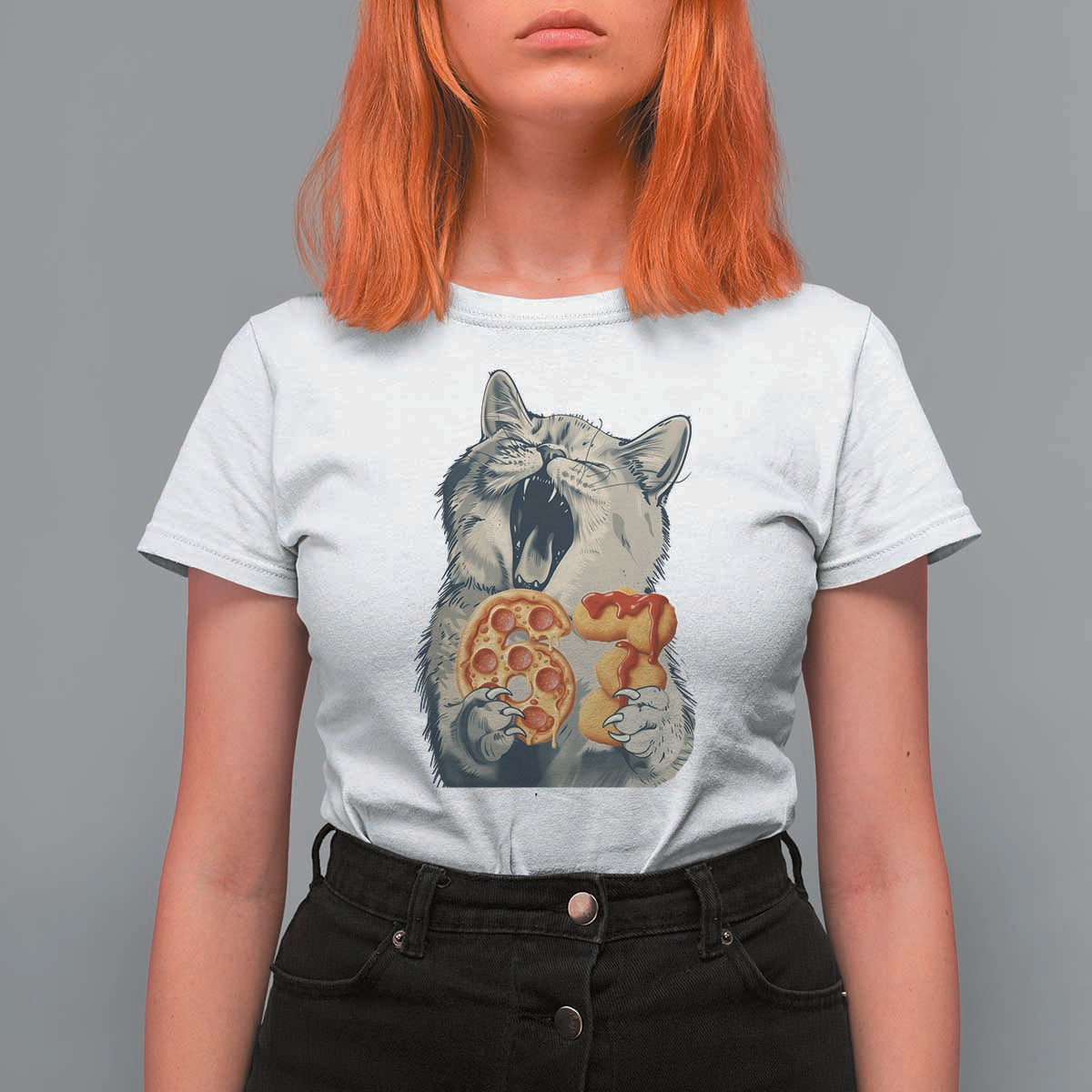 Six Seven Meme Cat 67 Pizza Nugget T Shirt For Women Funny Gen Alpha 67 Trend Gift - Wonder Print Shop