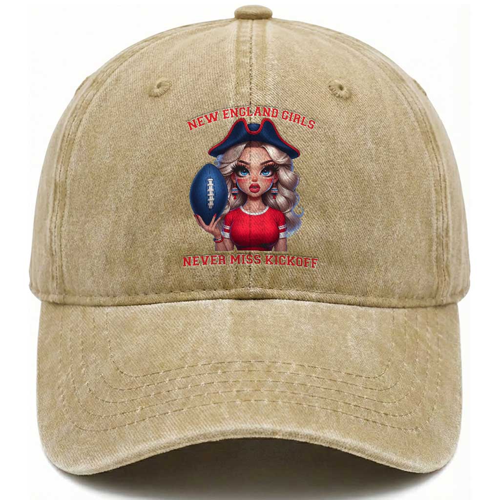 Funny East Coast Football Girl Fan Washed Cotton Baseball Cap NE Girls Never Miss Kickoff