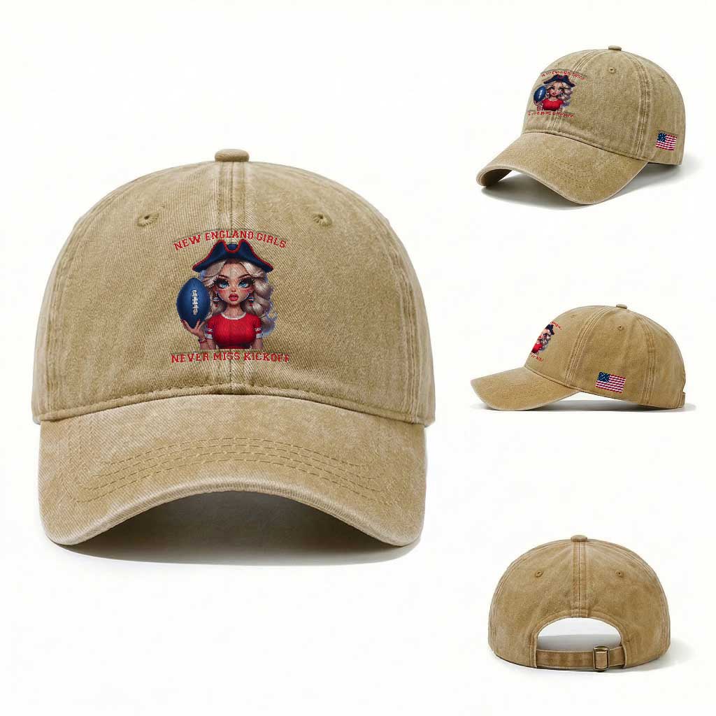 Funny East Coast Football Girl Fan Washed Cotton Baseball Cap NE Girls Never Miss Kickoff