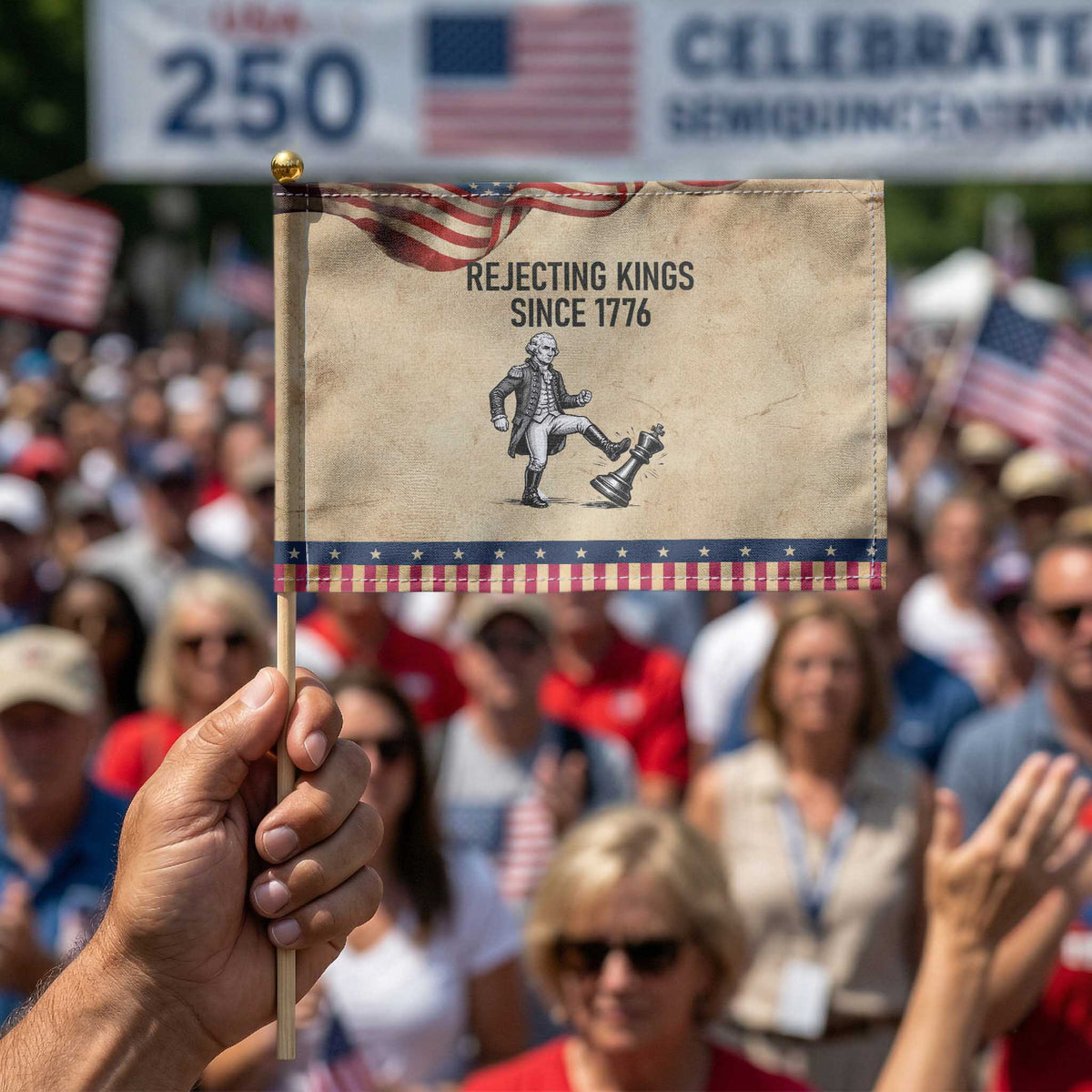 Rejecting Kings Since 1776 Patriotic Handheld Flag Funny George Washington