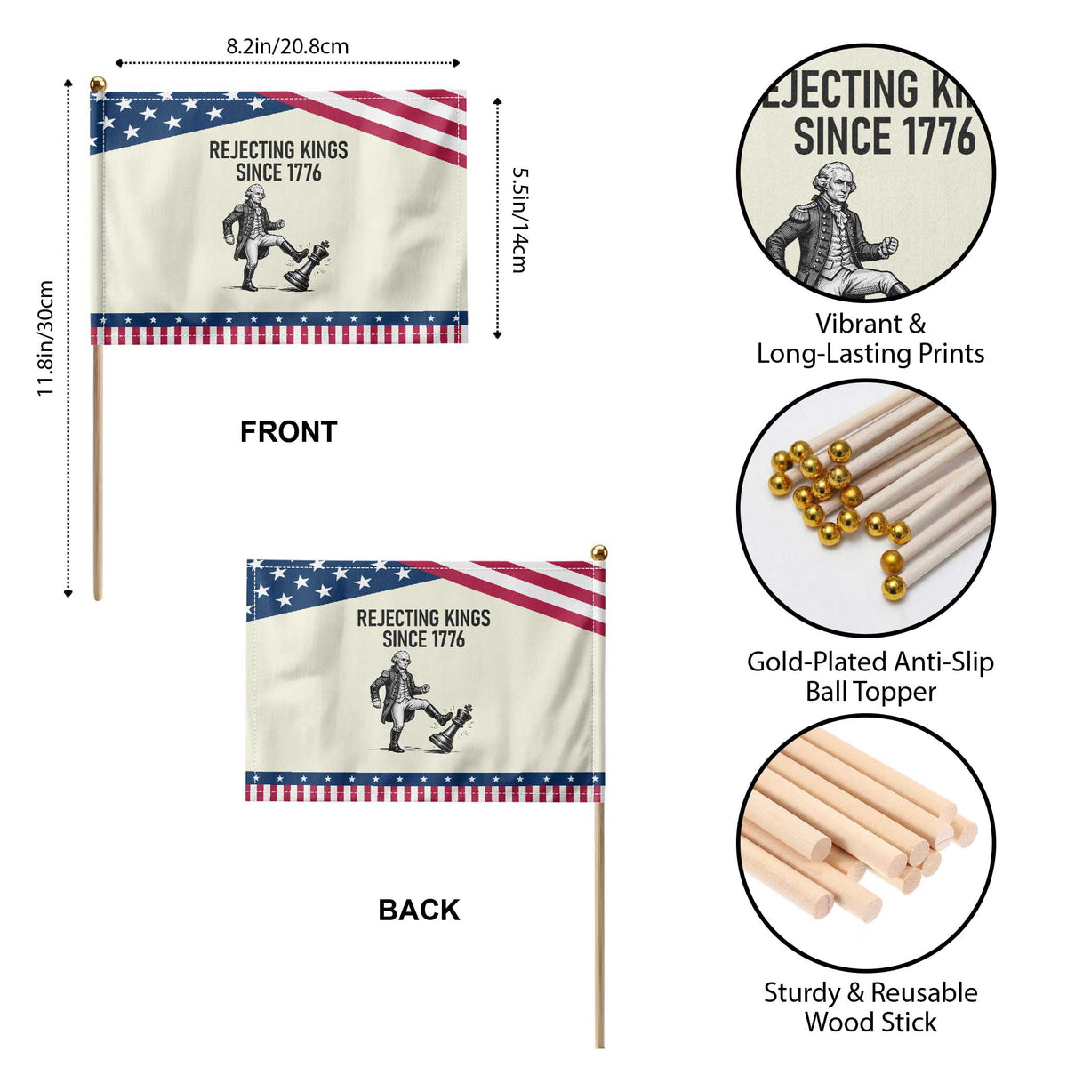 Rejecting Kings Since 1776 Patriotic Handheld Flag Funny George Washington TS12