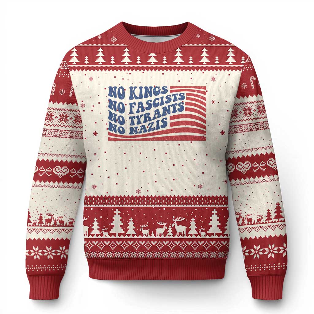 No Kings No Fascists Ugly Christmas Sweater American Flag Patriotic Protest