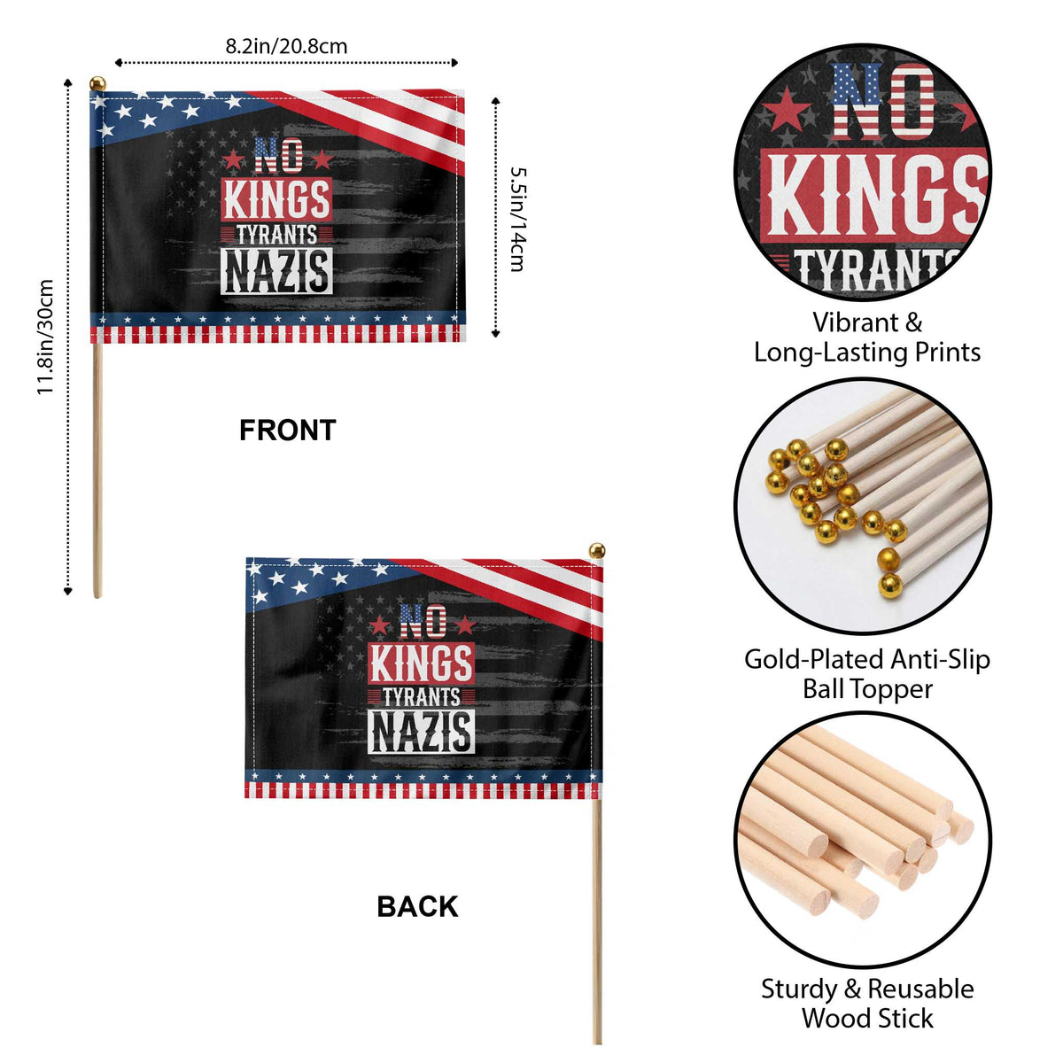 American Democracy Patriotic Handheld Flag No Kings No Tyrants No Nazis TS12