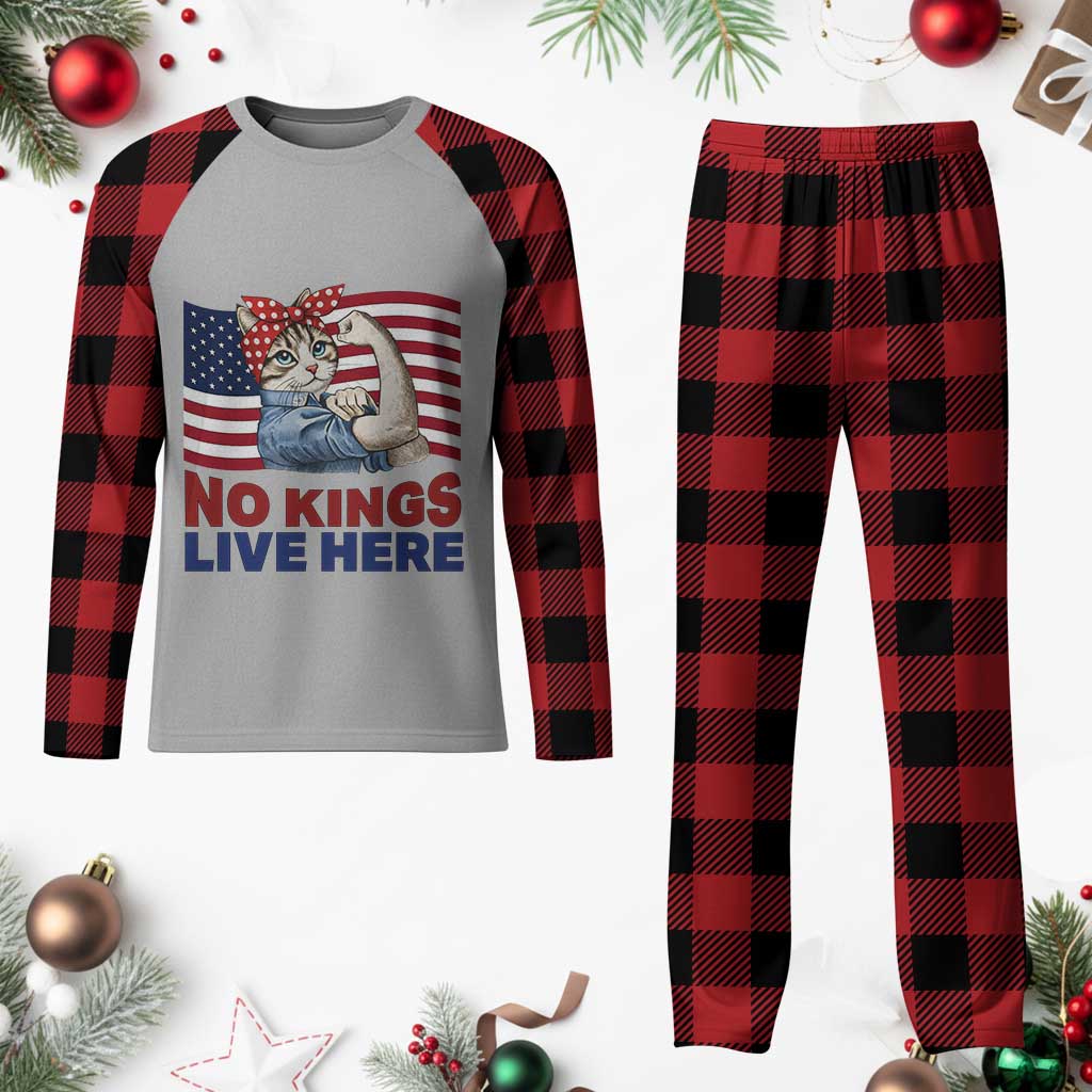 No Kings Live Here Plaid Pajama Set Funny Rosie The Riveter Cat Feminist Gift