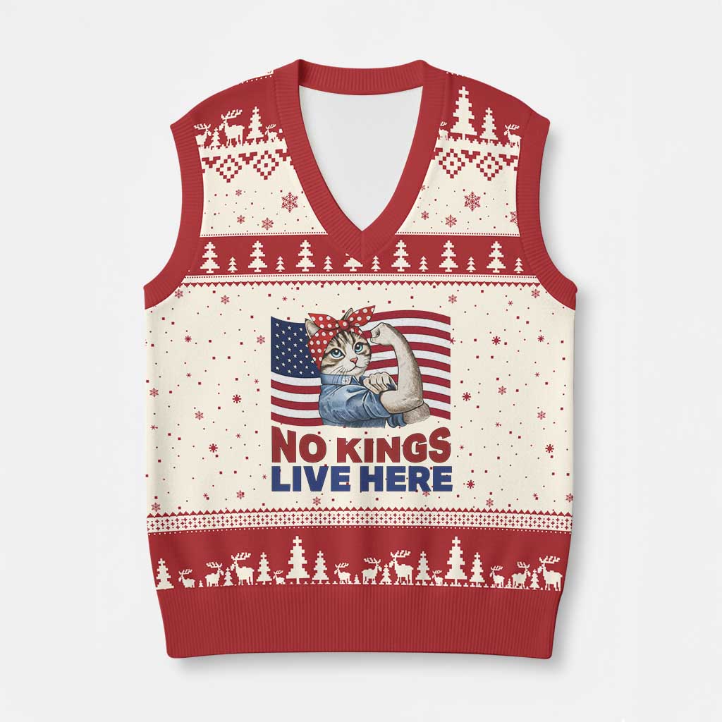 No Kings Live Here V-Neck Knit Sweater Vest Funny Rosie The Riveter Cat Feminist Gift