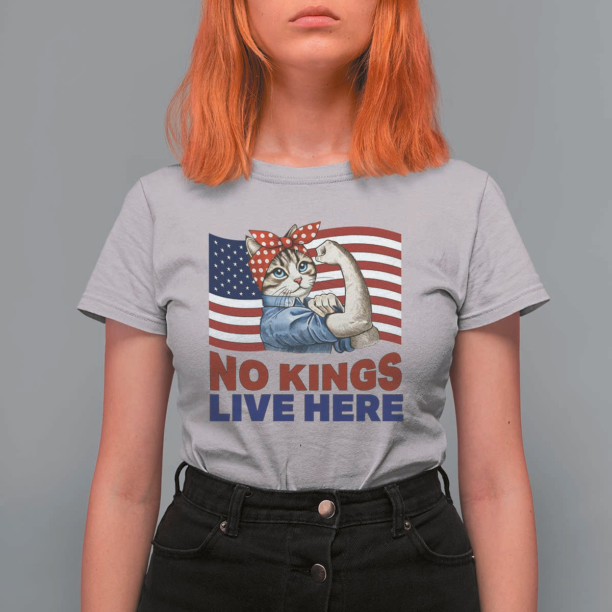 No Kings Live Here T Shirt For Women Funny Rosie The Riveter Cat Feminist Gift