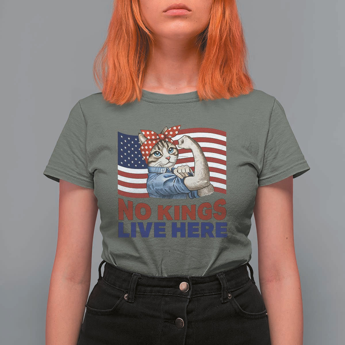 No Kings Live Here T Shirt For Women Funny Rosie The Riveter Cat Feminist Gift