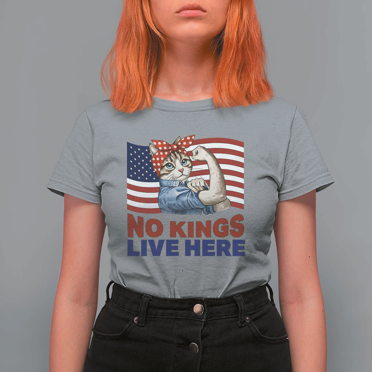 No Kings Live Here T Shirt For Women Funny Rosie The Riveter Cat Feminist Gift