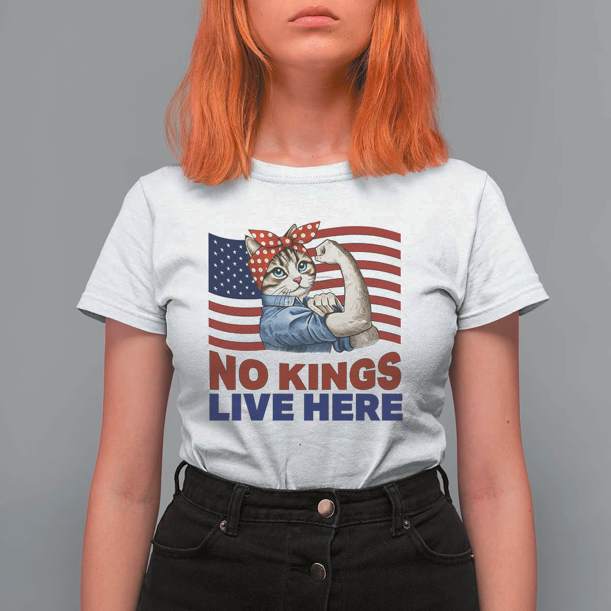 No Kings Live Here T Shirt For Women Funny Rosie The Riveter Cat Feminist Gift