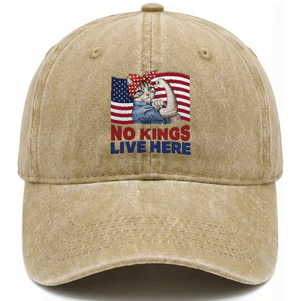No Kings Live Here Washed Cotton Baseball Cap Funny Rosie The Riveter Cat Feminist Gift