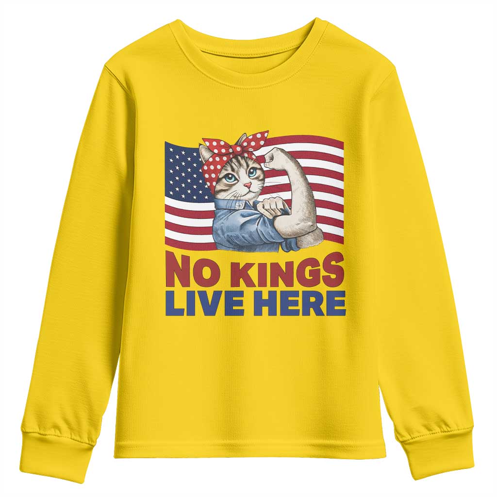 No Kings Live Here Youth Sweatshirt Funny Rosie The Riveter Cat Feminist Gift