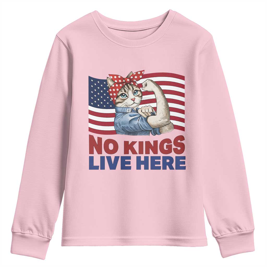 No Kings Live Here Youth Sweatshirt Funny Rosie The Riveter Cat Feminist Gift