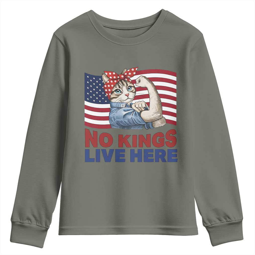 No Kings Live Here Youth Sweatshirt Funny Rosie The Riveter Cat Feminist Gift