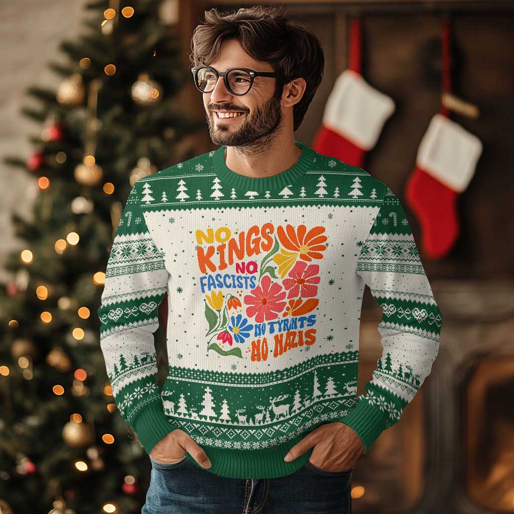 No Kings Wildflower Protest Ugly Christmas Sweater No Fascists No Tyrants No Nazis